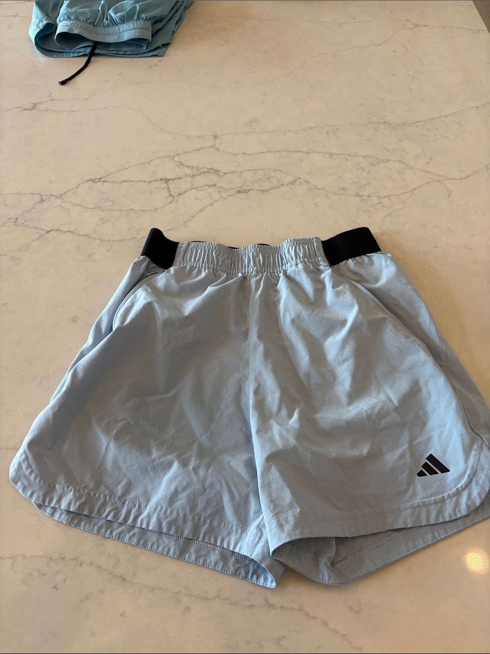 adidas Light Blue Running Shorts with Black Waistband Accent